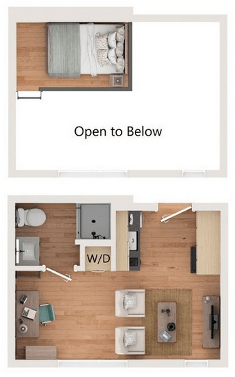 A top-down view of a bedroom and kitchen area with the text "Open to Below" and a "W/D" label.